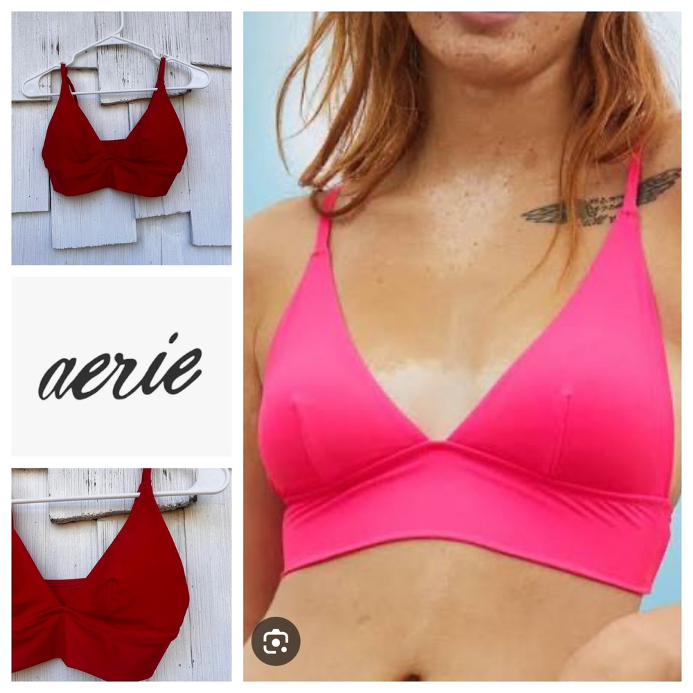Aerie Red Triangle Bikini Top Medium Adjustable Straps Solid V-Neck‎ Swimwear